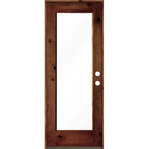 32 in. x 80 in. Rustic Knotty Alder Wood Clear Full-Lite Red Chestnut Stain Left Hand Inswing Single Prehung Front Door