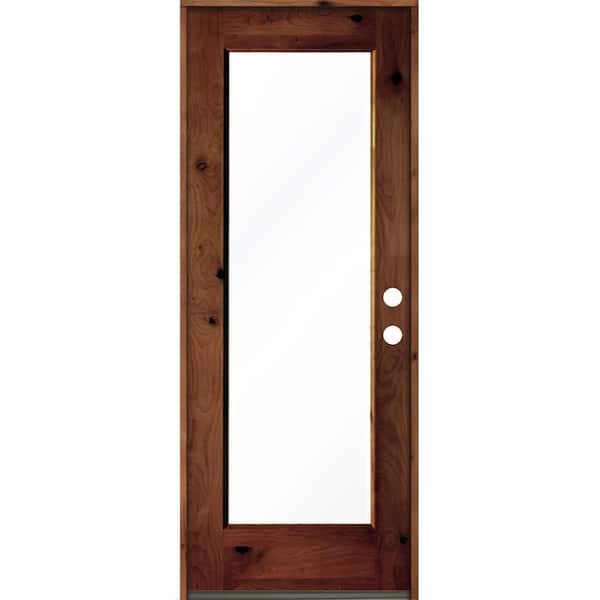 Krosswood Doors 32 in. x 80 in. Rustic Knotty Alder Wood Clear Full-Lite Red Chestnut Stain Left Hand Inswing Single Prehung Front Door
