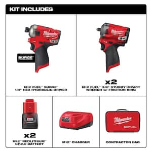 M12 FUEL SURGE 12V Lithium-Ion Brushless Cordless 1/4 in. Hex Impact Driver Kit w/(2) M12 FUEL 3/8" Impact Wrenches