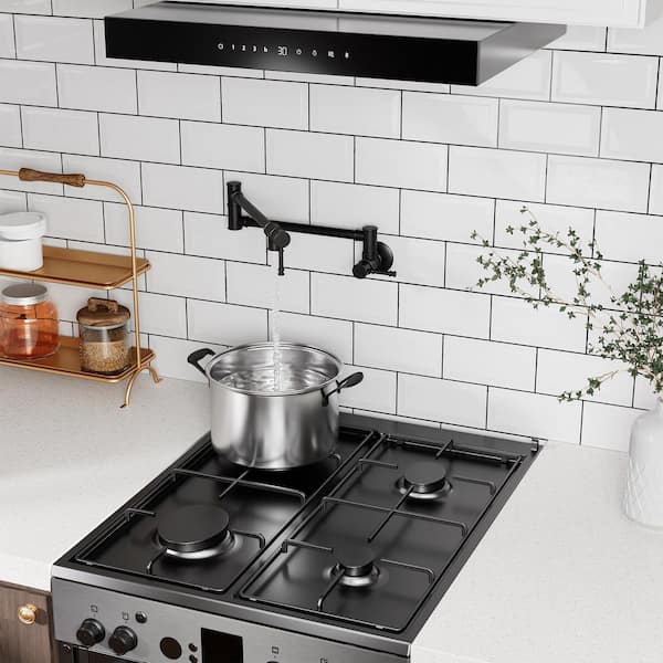 Residential Wall Mount Folding Pot Filler Kitchen Faucet with Dual Handles and 360-Degree Rotating Spout in Matte Black