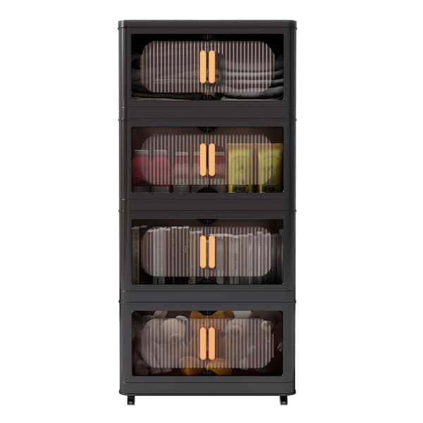 4-Tier Plastic Storage Cabinet: 20 in. Side Wide, Wheelsand Magnetic Door in Black