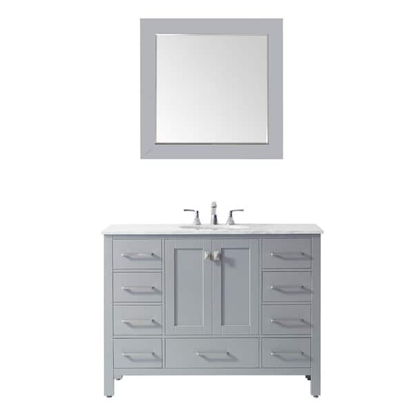 ROSWELL Gela 48 in. W x 22 in. D Bath Vanity in Gray with Marble Vanity Top in White with White Basin, Faucet and Mirror