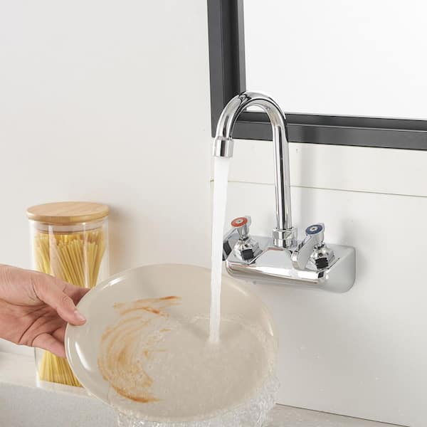 Double Handle Wall Mount Gooseneck Lever Handle Standard Kitchen Faucet in Polished Chrome