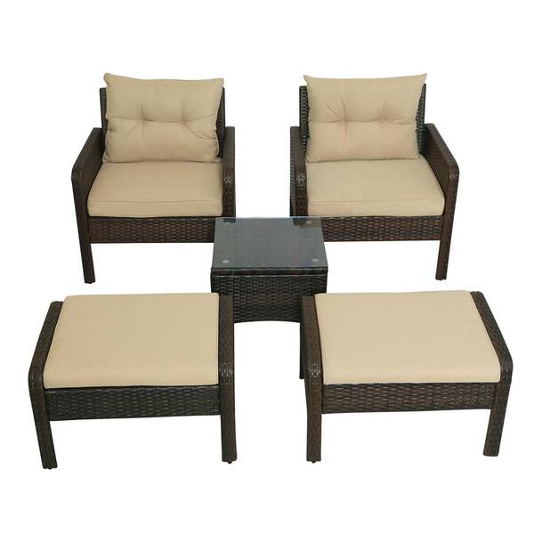 maocao hoom Brown 5-Piece Wicker Outdoor Patio Furniture Set Conversation Set with Glass Table and Beige Cushions