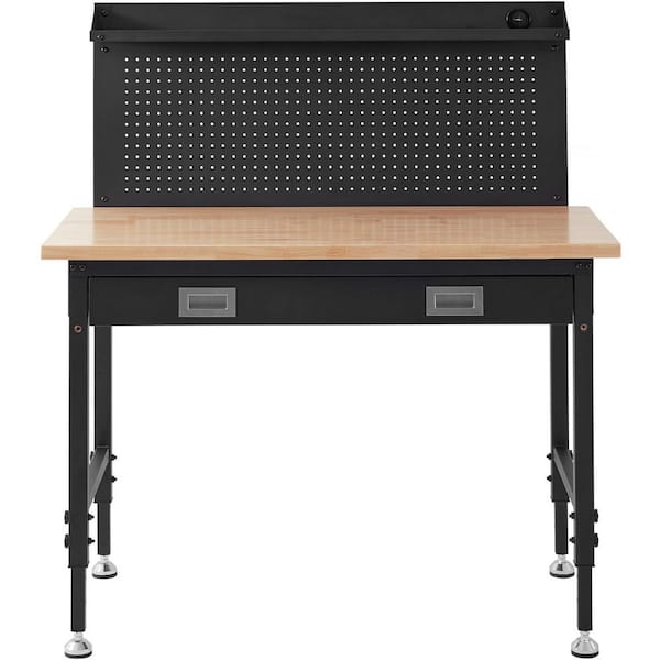 Workbench, Adjustable Height 28-39.5 in. /Oak Plank & Carbon Steel/48 x 24 in. Hardwood Workbench, 2000 lbs. Capacity