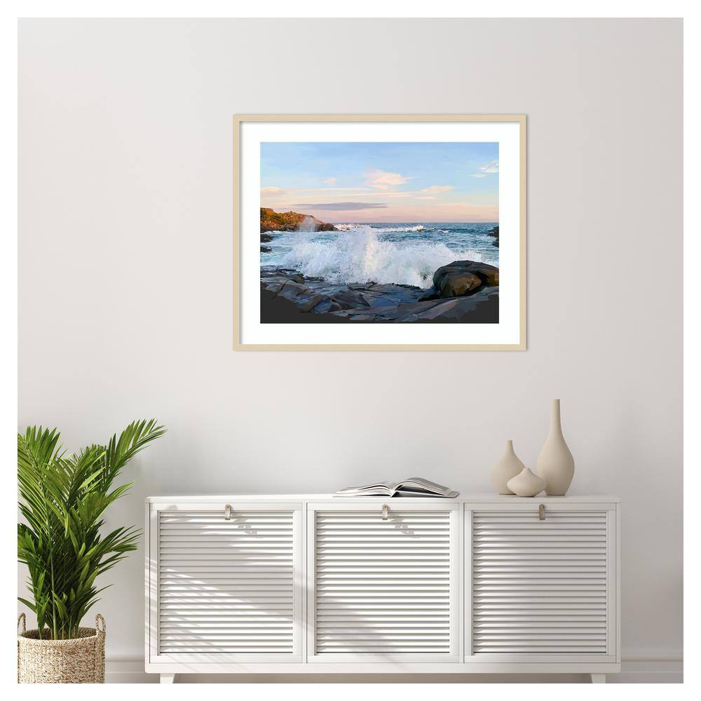 Crashing Waves Ocean Scene 41"x33" Brown Wood Framed Wall Art