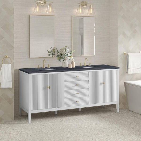 James Martin Vanities Myrrin 72.0 in. W x 23.5 in. D x 34.06 in. H Double Bathroom Vanity in Bright White with Charcoal Soapstone Quartz Top