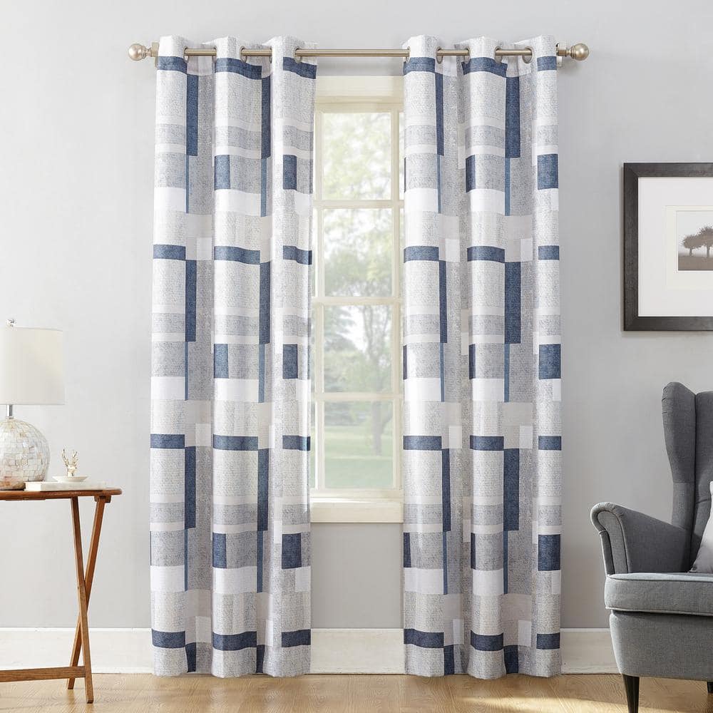 Navy and White Geometric Polyester Sheer Grommet Curtain Panel 40" x 63"