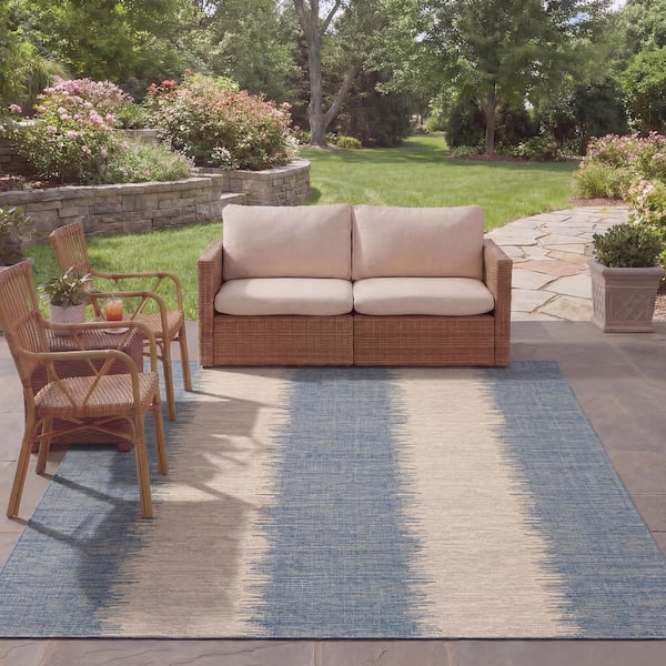 Courtyard Beige/Blue 8 ft. x 11 ft. Striped Modern Indoor/Outdoor Area Rug
