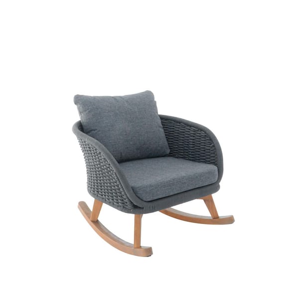 Contemporary Minimalist Wicker Outdoor Rocking Chair with Gray Cushions Perfect Patio, Balcony, or Living Room