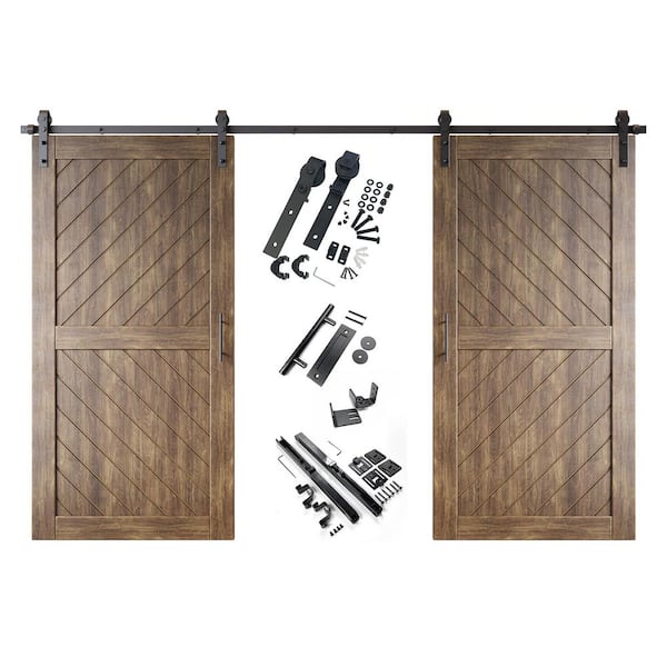 HOMACER XT3 36 in. x 80 in. C-Panel Dark Walnut Slanted Stripe Design Double Pine Wood Sliding Barn Door with Hardware Kit