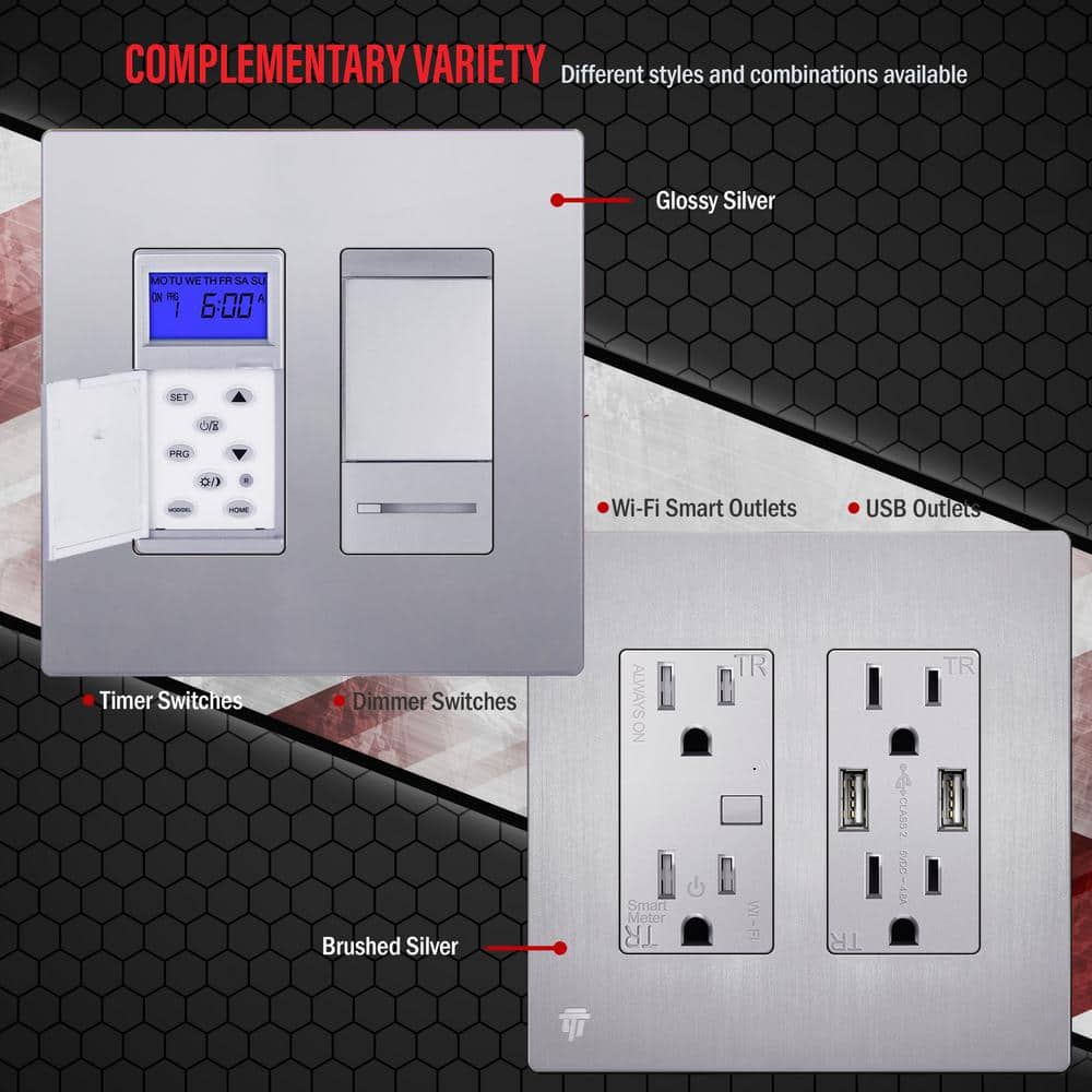 Brushed Silver 2-Gang Screwless Decorator Wall Plate