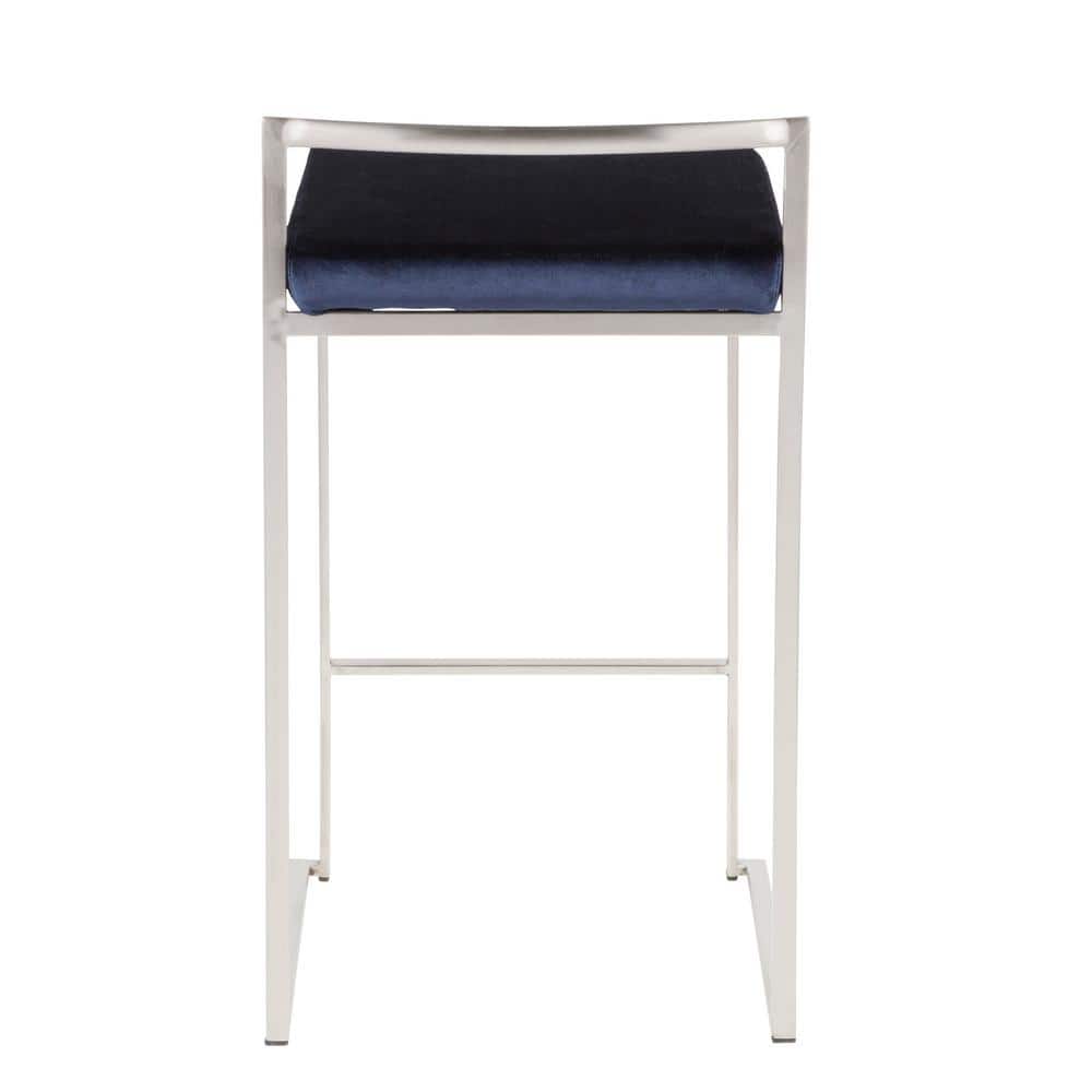 Sleek Stainless Steel Counter Stool with Blue Velvet Cushion - Set of 2