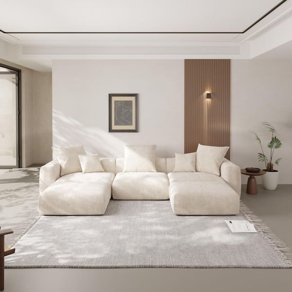 5-Piece Beige 141 in. Corduroy Velvet U-Shaped Sectional Sofa with Ottoman and Removable Covers Living Room Set