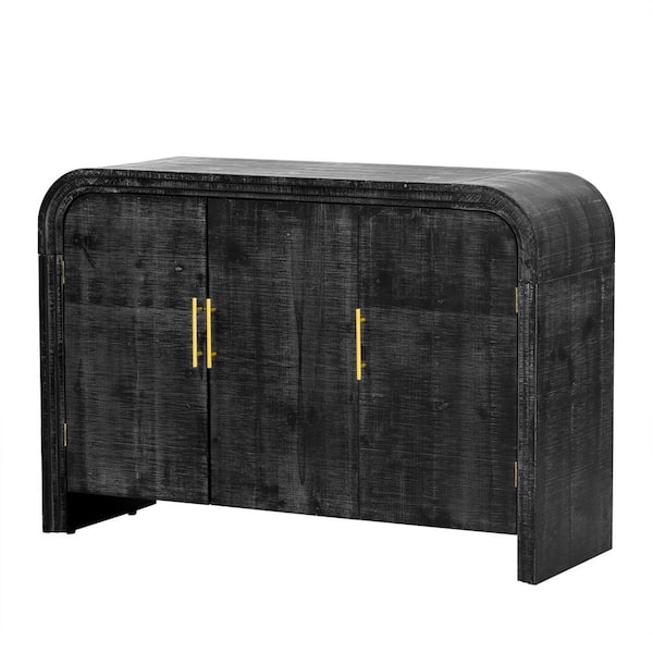 47 in. W x 16 in. D x 33 in. H Antique Black Linen Cabinet, Retro Minimalist Curved Sideboard with Gold Handles