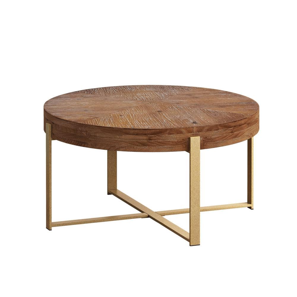 Modern Retro Splicing Wood Round Outdoor Coffee Table with Gold Cross Legs 