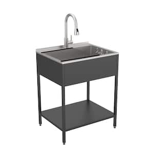18 Gal. 22.1 in. D x 28 in. W Freestanding Laundry Sink with Cabinet in Matte Black with Faucet and Accessories