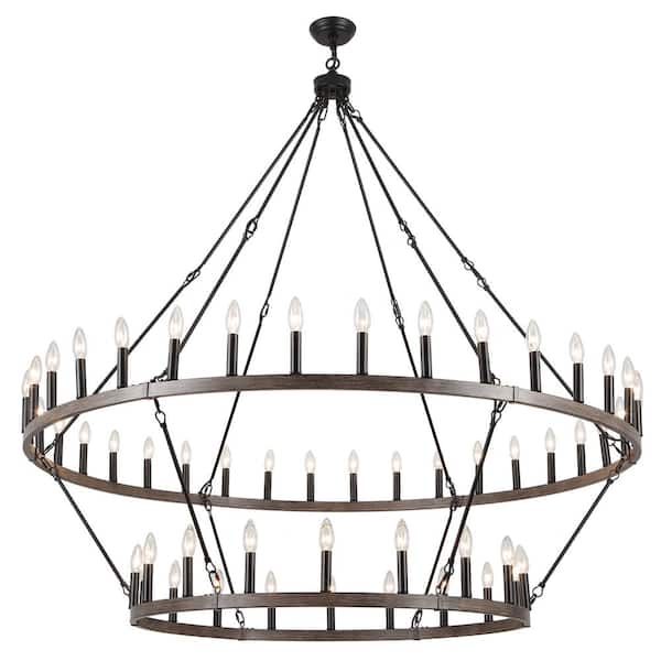 54-Light Black and Imitation Wood Grain Large Farmhouse Wagon Wheel Chandelier