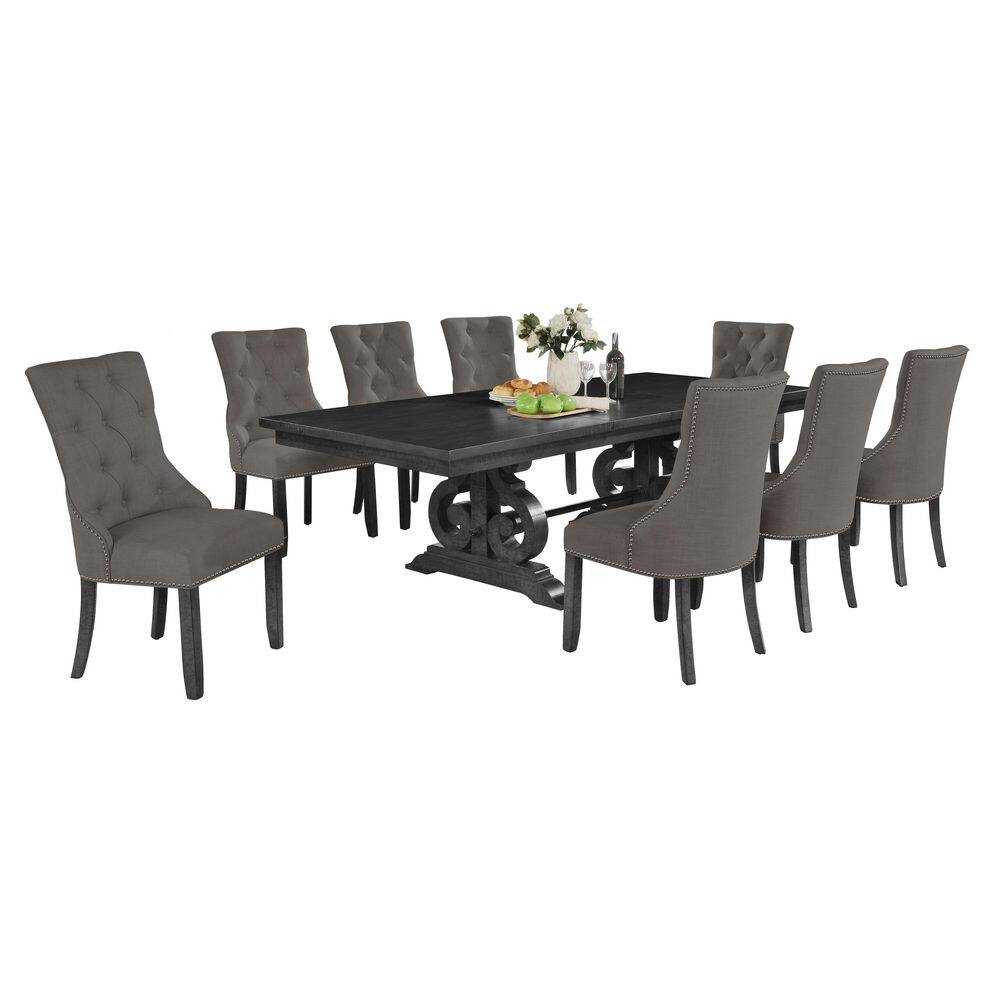 Dark Gray Wood Extendable Dining Set with Gray Linen Chairs