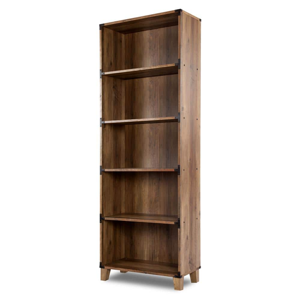 Rustic Oak 5-Shelf Bookcase with Black Metal Brackets