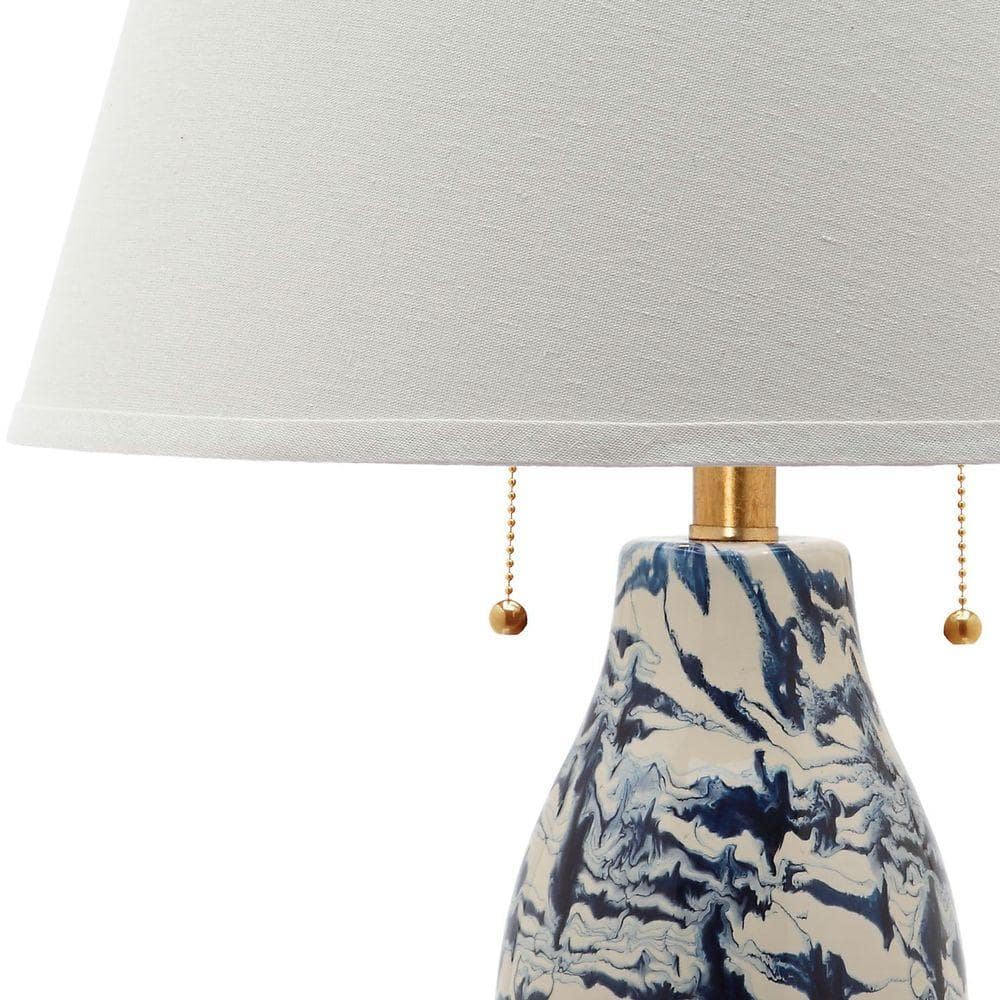 Navy and White Marbleized Glass Table Lamp Set with Gold Accents