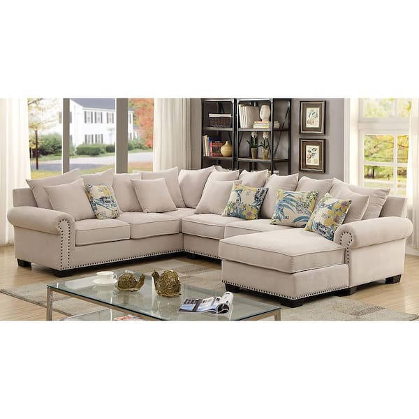 Furniture of America Grathan 125.25 in. Rolled Arms Polyester U-Shaped Sectional Sofa in Beige with Nailhead Trim