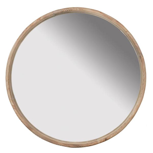 Benjara 27.6 in. W x 27.6 in. H Brown Round Natural Fir Wood Wall Mount Accent Mirror