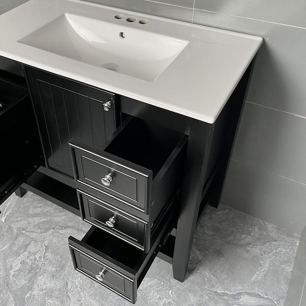 36 in. Freestanding Black Bath Vanity with White 3-Hole Single Sink Ceramic Top Unassembled