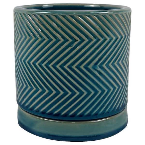 8 in. D 9.5 in. H Ceramic Cross Pattern Planter Blue