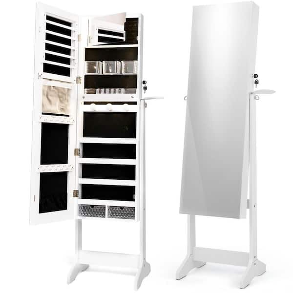 Mecale 16 in. x 61.5 in. White MDF Freestanding Mirrored Jewelry Cabinet Storage Organizer Armoire with Drawers