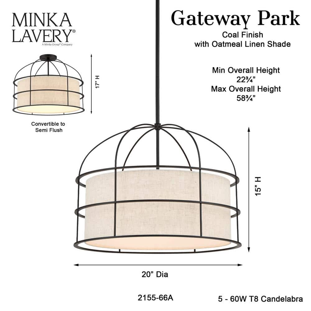 Gateway Park Coal Finish 5-Light Drum Pendant with Oatmeal Linen Shade