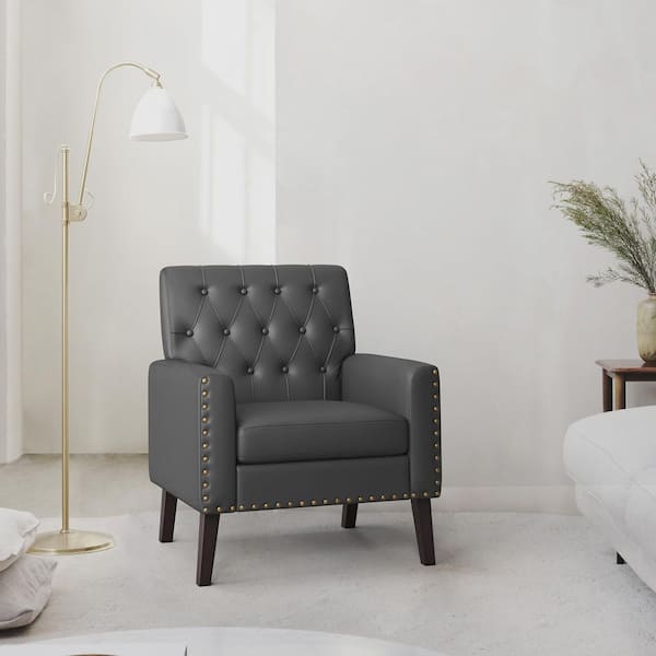 LUE BONA Dark Gray Faux Leather Walnut Legs Mid Century Modern Button Tufted Accent Chair