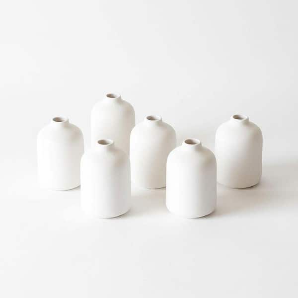6 Piece White Mini Ceramic Bud Vase Set - 3"L×3"W×4.1"H : Boho Japandi Minimalist Decor for Dry Flowers/Wedding ENHD30050