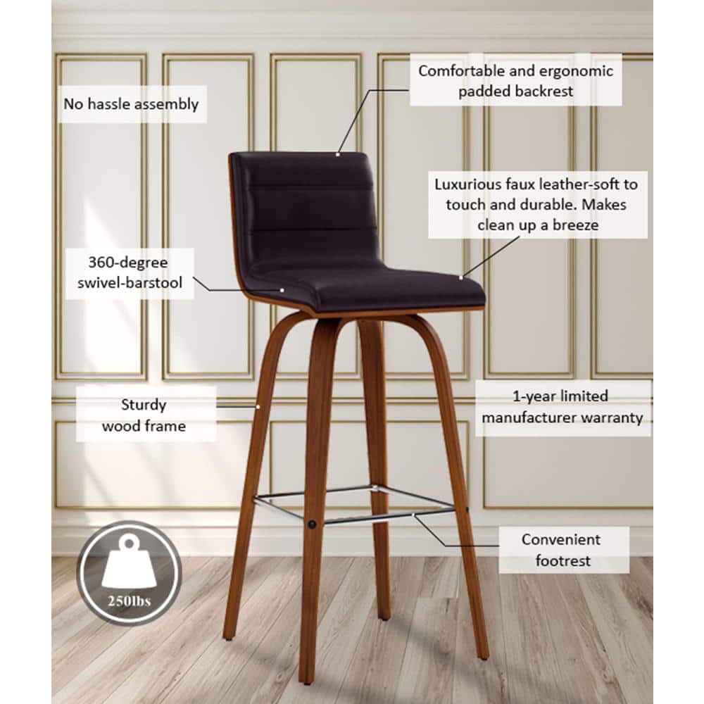Vienna Contemporary Swivel Bar Stool in Walnut & Brown Leather