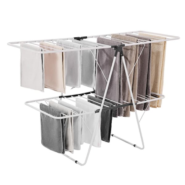 Clothes Drying Rack, 2-Tier Foldable Laundry Dryer Rack with Sock Clips, Metal Height Adjustable Drying Racks White
