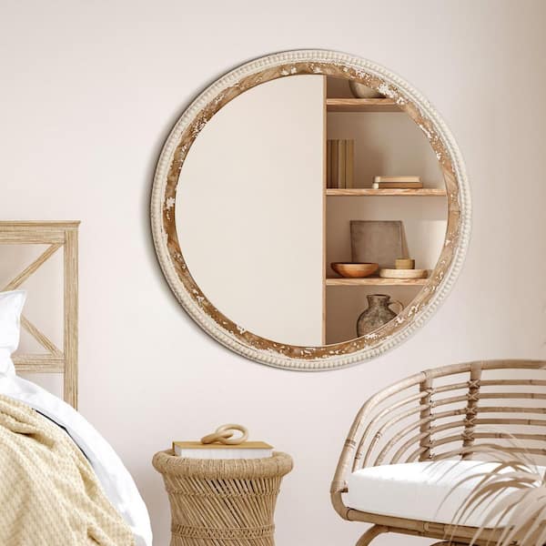 Elevatehome 36 in. W x 36 in. H Natural Wood Color Round Framed Wall Bathroom Vanity Mirror with Beaded in Antique White