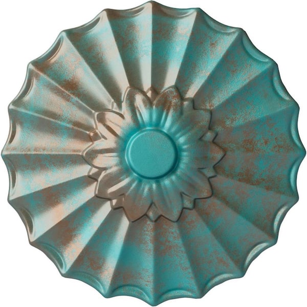 Ekena Millwork 9 in. x 1-3/8 in. Shakuras Urethane Ceiling Medallion (Fits Canopies upto 1-3/8 in.), Copper Green Patina