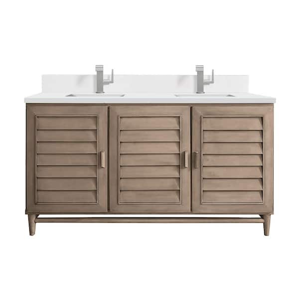 James Martin Vanities Portland 60.0 in. W x 23.5 in. D x 34.3 in. H Bathroom Vanity in Whitewashed Walnut with White Zeus Silestone Quartz Top