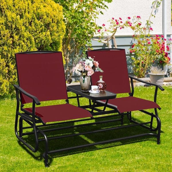 2-Person Wine Metal Outdoor Glider Chair Patio Double Loveseat Rocking