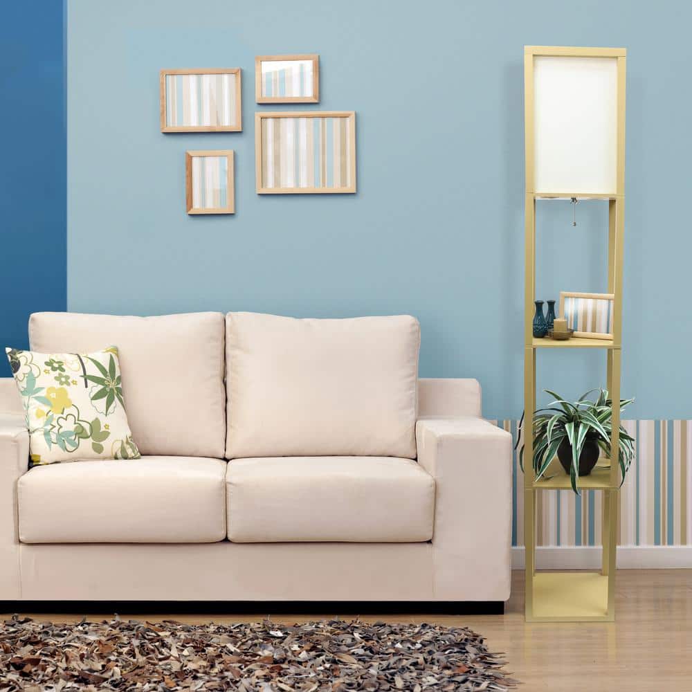 Tan Multifunctional Floor Lamp with Linen Shade and Storage Shelves