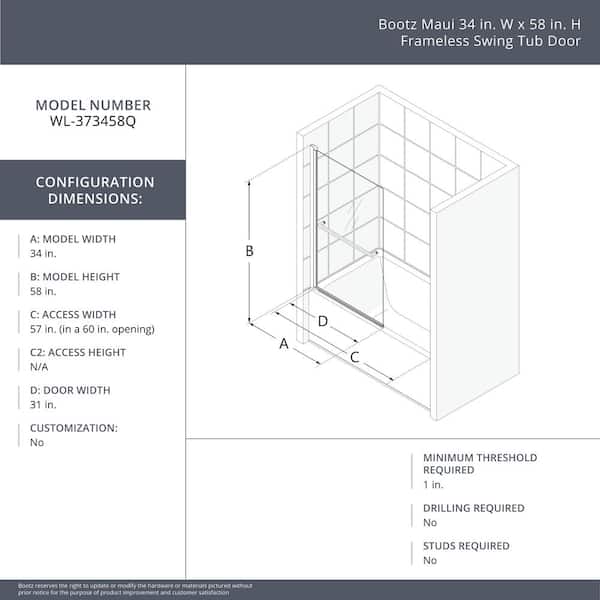 Bootz Industries - Maui 34 in. W x 58 in. H Frameless Pivot Tub Door in Brushed Nickel with Clear Glass