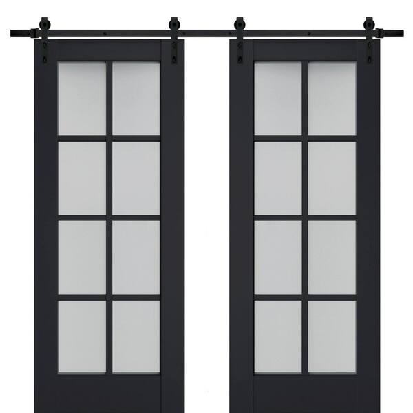 Sartodoors 24 in. x 96 in. 2 Panel Frosted Glass Antracite Solid Wood Sliding Barn Door with Hardware Kit