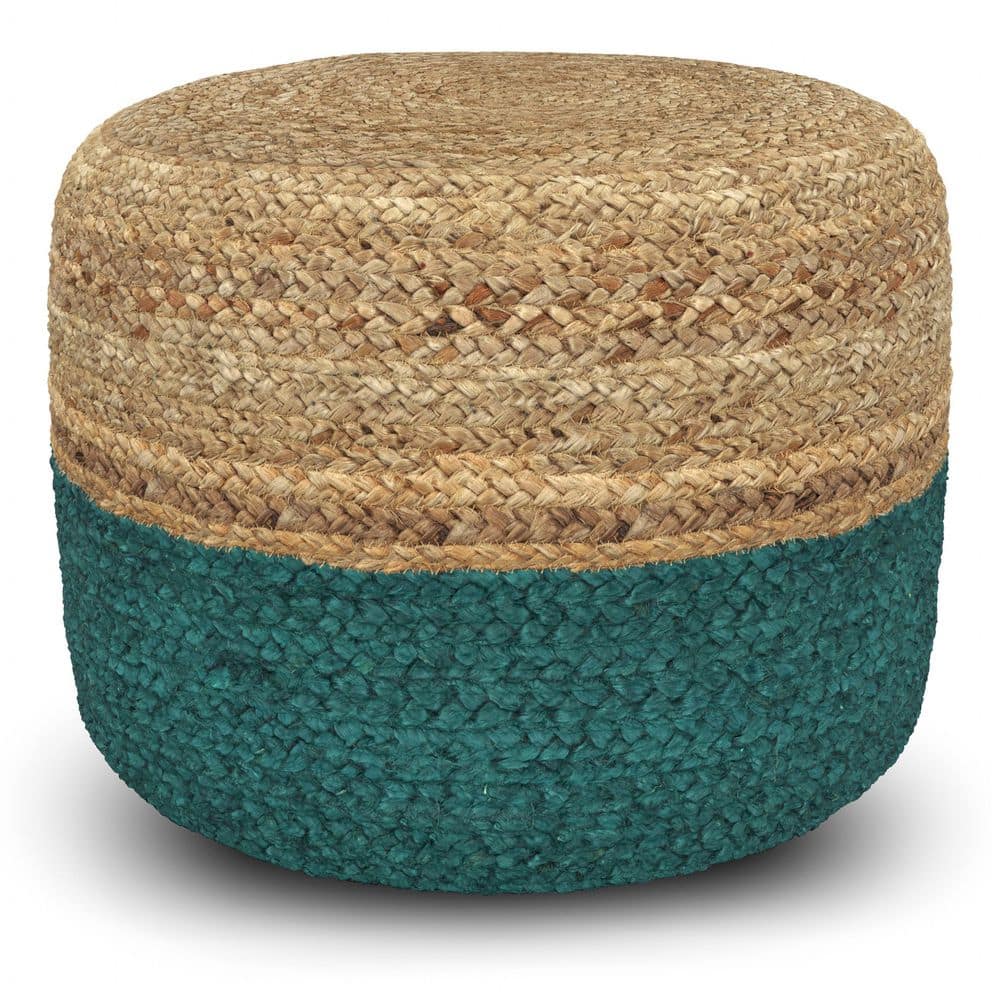 Simpli Home Lydia Contemporary Round Pouf in Aqua, Natural Braided Jute