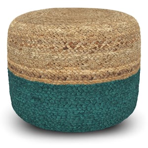 Lydia Contemporary Round Pouf in Aqua, Natural Braided Jute