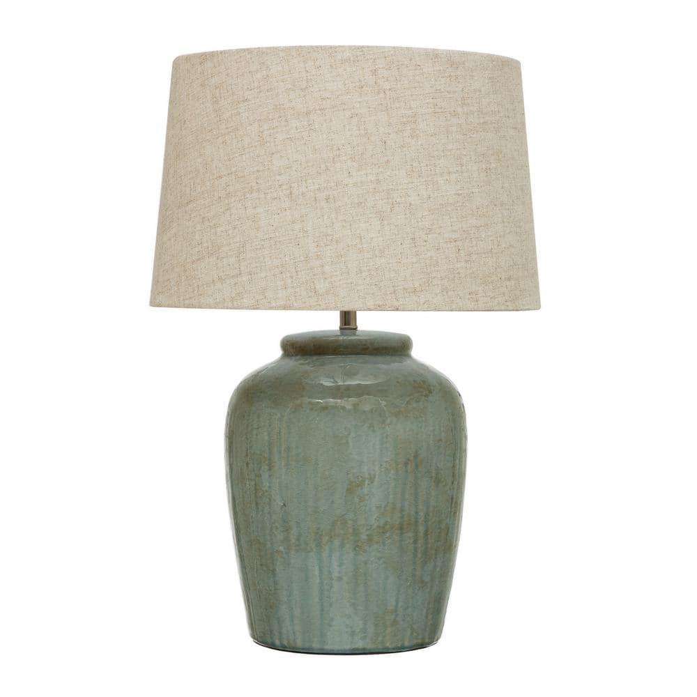 Storied Home 25.2 in. Aqua Blue Reactive Glaze Stoneware Table Lamp with Ivory Linen Shade