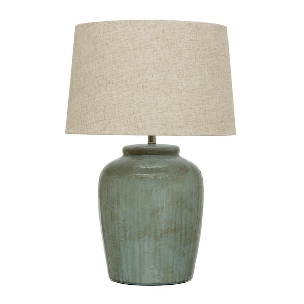 Storied Home 25.2 in. Aqua Blue Reactive Glaze Stoneware Table Lamp with Ivory Linen Shade