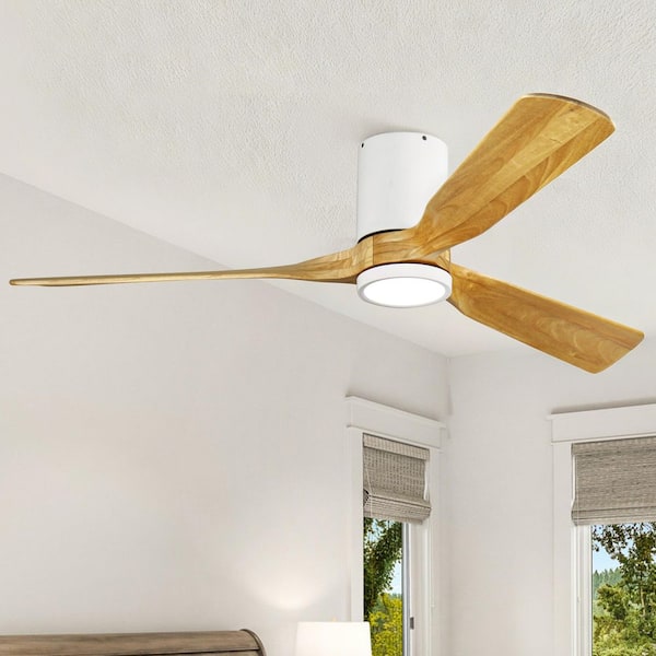 52 in. Indoor White Hugger Flush mount Ceiling Fan with Solid Wood Blades and Full Spectrum Light and Remote Control