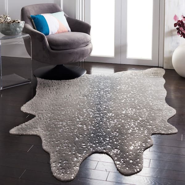 Faux Cow Hide 3 ft. x 5 ft. Dark Gray/Silver Flokati High-Low Area Rug
