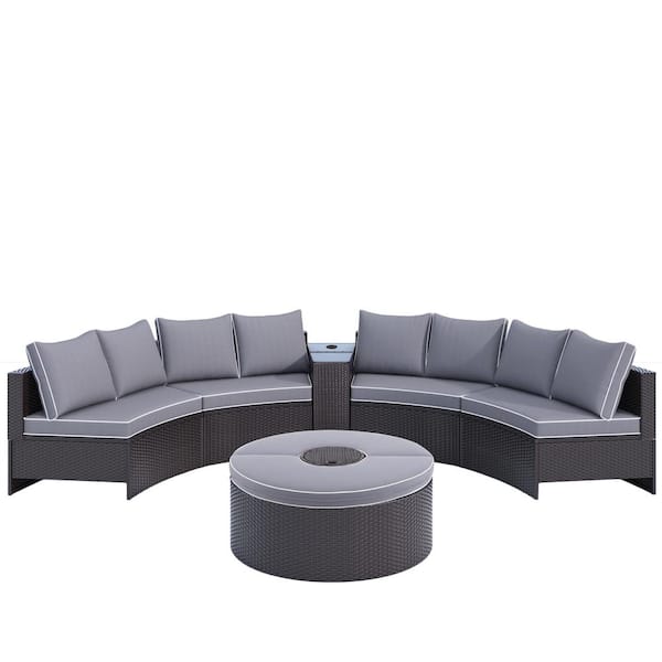 Utopia 4niture Maui Brown 6-Piece Wicker Outdoor Sectional Set with Storage Side Table and Round Table in Gray Cushions