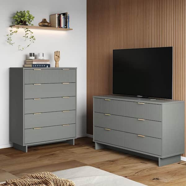 Manhattan Comfort Granville Light Grey 5-Drawer 37.8 in. W Tall Chest and 6-Drawer 55.04 in. W Double Dresser (Set of 2)